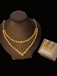 3件套时尚心形吊坠流苏项链耳环首饰套装，18K镀铜派对首饰，适合女性、新娘、节日佩戴 - 彩色 - 查看 8