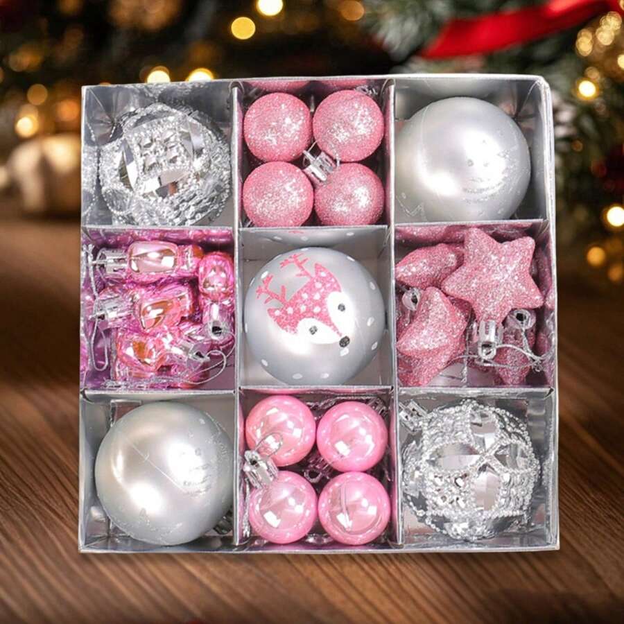 35Pcs Multi Colored Plastic Christmas Pendant Set Creative Plastic Decorative Ball Christmas Tree Hanging Decoration - 粉色 - 查看 1