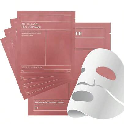 6片装胶原蛋白深层补水面膜 - 富含玻尿酸和烟酰胺，不含酒精，胶原蛋白面膜，抗衰老，深层补水，抚平细纹，夜间面膜，提亮肤色，紧致肌肤，细致毛孔，即刻焕发光彩 | 男女通用，适合所有肤质，浅米色，返校季，情人节礼物。3片/1片