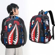 Shark Print Shoulder Bag - Large Capacity Water-Resistant Tote For School & Travel|     Multi-Pocket Unisex Daypack With Adjustable Strap Durable Backpack Hiking Camping Backpack - NYC - View 1