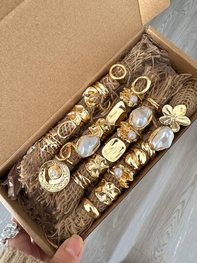 Juego de 26/14/12/3 anillos para mujer, diseño vintage elegante y minimalista, para usar en capas, con textura irregular de perla, flor y volantes, anillos geométricos cruzados, redondos y retorcidos de cara ancha y gruesa, para uso diario, fiestas y regalos