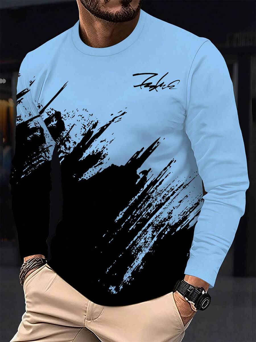 男士3D图案T恤 - 黑白撞色休闲长袖T恤，透气圆领，适合户外活动，常规版型，可机洗，时尚设计，街头潮流，耐穿耐穿，印花T恤，成人服装 - 彩色 - 查看 1