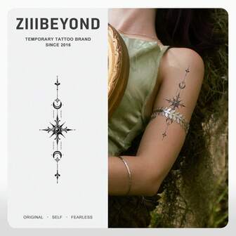 1张幻彩月亮星星草本风格纹身贴纸，防水、防汗、不反光，韩式/Y2K风格