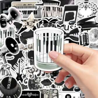 50pcs Music Element Ins Style Black & White Minimalist Creative Art Decorative Stickers For DIY Photo Album, Milk Tea Cup, Planner