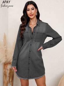 女士休闲水洗牛仔衬衫裙，前开襟纽扣长袖牛仔衬衫裙，毛边下摆，适合春季穿着