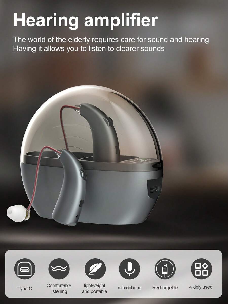 Voice Amplifier Hearing Aid - Built-In Battery, Dual-Side Wear, For Travel/Communication