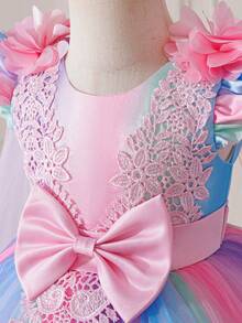 Girls' Special Occasion Dress, Girls' Ethereal Rainbow Ombre Dress, Girls' Flutter Sleeve Dance Dress, New Children's Festival Party Birthday Banquet Carnival Hosting Runway Flower Girl Wedding Colorful Chiffon Dress, Girls' Pink 3D Floral Bow Tulle Dress, Toddler Cute Sweet Lace Patchwork Rainbow Princess Dress - Pink - View 7