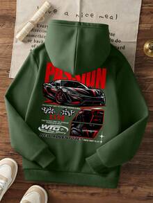 Sweatshirt Pullover Anak Laki-Laki Motif Supercar & Balap dengan Bendera Kotak-kotak di Bagian Belakang, Sweatshirt Streetwear Lengan Panjang Longgar dengan Grafis Huruf Passion Club - Hijau - View 3