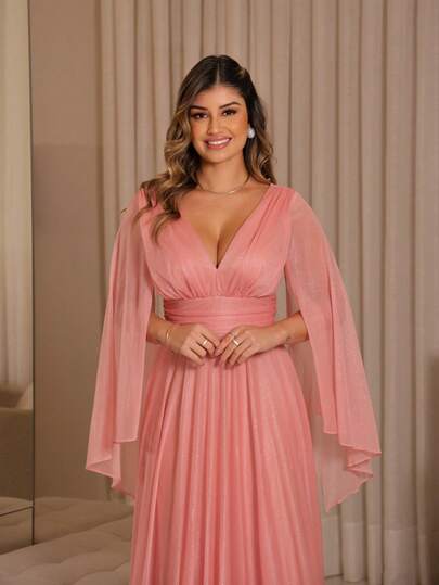 Vestido Longo Luxo com Manga Fluida e Decote Profundo – Elegância e Brilho para Festas atemporal*