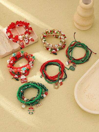 5pcs Women's Christmas Element Letter, Christmas Tree, Santa Claus Charm Bracelet Set