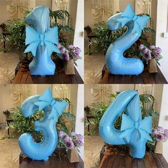 3件套40英寸金属蓝数码气球装饰，包含一个大型蝴蝶结气球作为装饰。适用于生日派对、聚会装饰，以及家庭聚会和各种节日庆典。