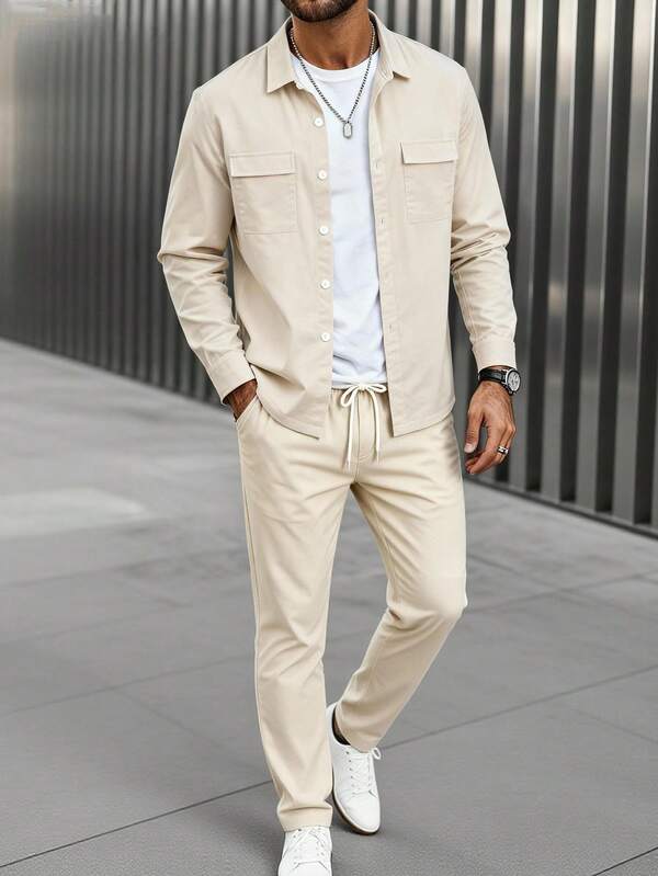 Men's Solid Color Breathable Fabric Polo Collar Double Pocket Long Sleeve Shirt And Drawstring Accent Pants Set, Casual, Fashionable, Minimalist, Suitable For Daily Wear, Commuting, Street Style, Summer New Arrival, Plus Size