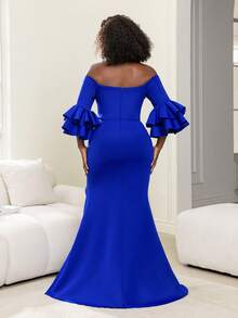 Faeriesty Chic Plus Elegant Off-Shoulder Evening Gown With Long Sleeves & Flared Ruffled Cuffs | Form-Fitting Silhouette & High Front Slit | Slight Stretch Fabric For Galas, Weddings & Upscale Evening Gatherings