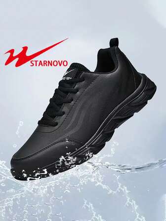 A Pair Of Men's Shoes, Black Waterproof Sports Shoes With Leather Surface, Anti-Slip And Dirt-Resistant, Men's Casual Work Shoes And Running Shoes