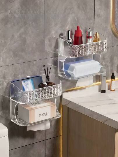 1pc Bathroom Storage Rack, Toilet Paper Holder, Double-Layer Large Capacity Toilet Paper Storage Box, Wall Mounted Bathroom Tissue Box, Cosmetics Display Rack, 2-In-1 Storage Box, Bathroom Accessories, Bathroom Accessories, Suitable For Various Tissue Storage Bathroom Accessories