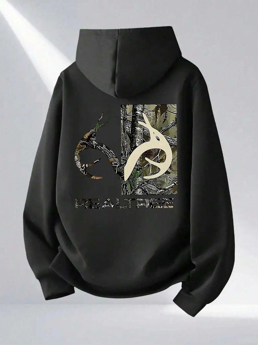 Men's Camouflage Hoodie With Tree Camouflage Print,  Pocket, Adjustable Drawstring Cap - Casual Outdoor Hunting Clothing, All-Season Fit (Regular Cut) - 黑色 - 查看 1