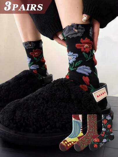 3 Pairs Women's Multicolor Socks Set, Fashion Prints, 3D Textures, Ribbed Knit Fabric, Breathable, Crew Socks For Casual, Date, Party, School, Holiday Gifts