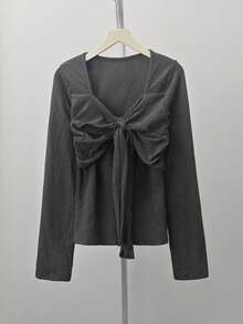 红色蝴蝶结装饰长袖T恤，女士修身V领叠穿上衣，秋冬款 - 灰色 - 查看 3