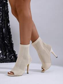 Giày bốt cổ ngắn hở mũi gợi cảm cho nữ mùa thu/đông, kiểu xỏ ngón, thoáng khí, thời trang, đa năng, phù hợp với nhiều dịp, màu be, giày cao gót - Màu be - Xem 4