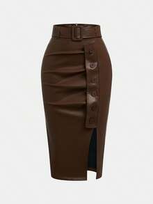 GLOURI Women's Brown Vegan Faux Leather Midi Skirt - High Waisted Ruched Bodycon With Side Slit & Button Detail | Versatile Office, Date Night & Party Outfit (Belt Included) - màu nâu - Xem 4