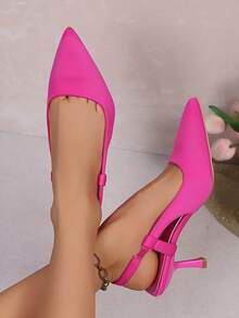 Giày cao gót hở gót mũi nhọn màu satin hồng cánh sen cho nữ, thiết kế buộc dây, phù hợp đi làm, dự tiệc, đa năng - Màu Hồng Tươi - Xem 4
