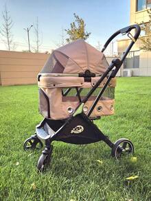 4 轮可折叠宠物推车，带可拆卸可洗面料和减震轮 - 宽敞的多宠物携带箱，适合小型/中型犬/猫，包括储物篮和轻松一键折叠（适合欧洲旅行）