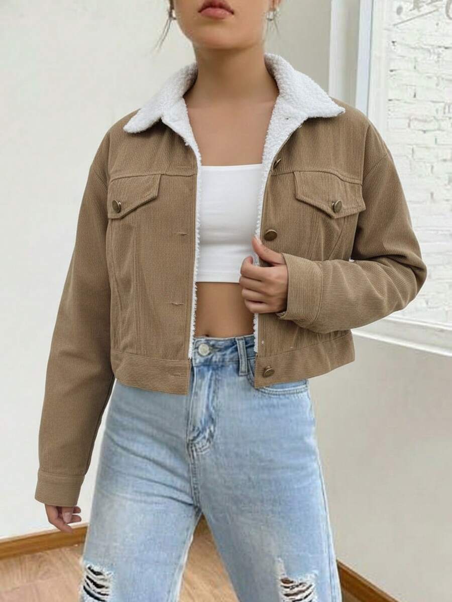 Women's Casual Elegant Wool Collar Jacket, Women's Solid Color Wool Collar Shirt Jacket, Suitable For Daily Outings, Commuting, Office, Birthday Party, Back To School, Party, Travel, Airport Outfit