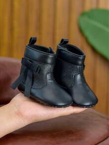 0-1 Year Old Baby Girls Soft Sole High Top Boots, Fashion Bow Decor Toddler Walking Shoes, Solid Color Side Hook And Loop Closure, For Indoor & Outdoor Wear, Autumn/Winter - Black - View 2