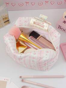 1件/套粉色条纹印花绗缝旅行化妆包套装，适合女孩，大容量，可收纳吹风机、美发工具，包含化妆包、卷发棒、化妆品、护肤品等，大容量洗漱包，内置口袋设计，带吹风机收纳袋，拉链多功能美发工具收纳包 - 彩色 - 查看 13