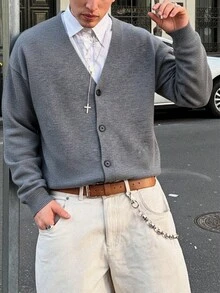 Unisex Casual Loose Solid Color Sweater, Minimalist Design, Street Style, Long Sleeve Knitted Cardigan, Suitable For Spring, Autumn, Winter