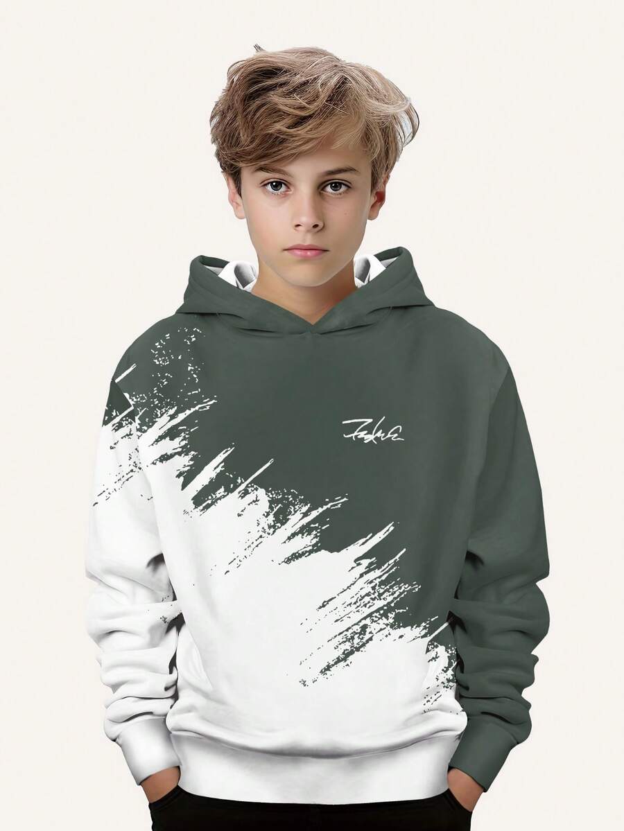 青少年男童时尚印花休闲卫衣 - 长袖圆领套头衫，适合春秋季穿着，酷炫印花 - 綠色 - 查看 1