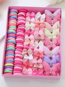 Set de 115 piezas de accesorios para el cabello rosa para niñas: Lazos de cinta, Scrunchies, Pinzas de mariposa de perlas, Lazos de princesa sencillos, Scrunchies de toalla que no dañan, Pinzas para el cabello de bebé