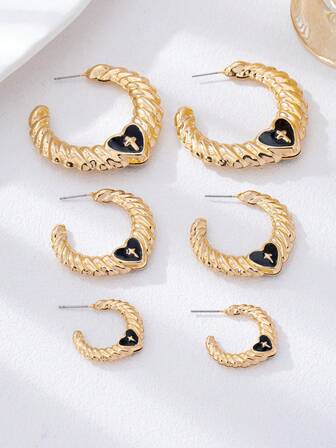 3对欧美风格心形十字架油滴耳环套装，时尚个性饰品，适合日常佩戴和度假