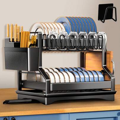1 Set 2-stöckiger Edelstahl Geschirrständer mit Abtropfschale erstellbarer Geschirrtrockner für Küchentisch, Küchenorganizer und drehbares Ablaufsystem und Besteckhalter, groß
