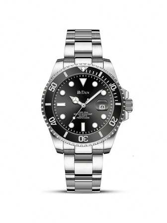 BIDEN 1PC Men's Watch Business Casual Style Silver Stainless Steel Strap Waterproof Night Light Pointer Automatic Date Men's Quartz Watch