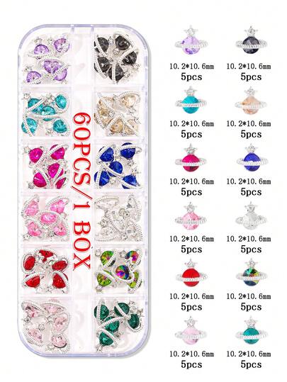 60pcs European And American Style Alloy Planetary Mixed-Color Nail Rhinestones, 3D Saturn Gemstone Appliques, Star-Shaped Saturn Nail Art Gemstones, Light Luxury Y2K Metal Decoration Set, Minimalist 3D Multi-Functional Nail Jewelry, Nail Gemstones, Nail Products, Nail Ornaments, False Nail Decoration Accessories