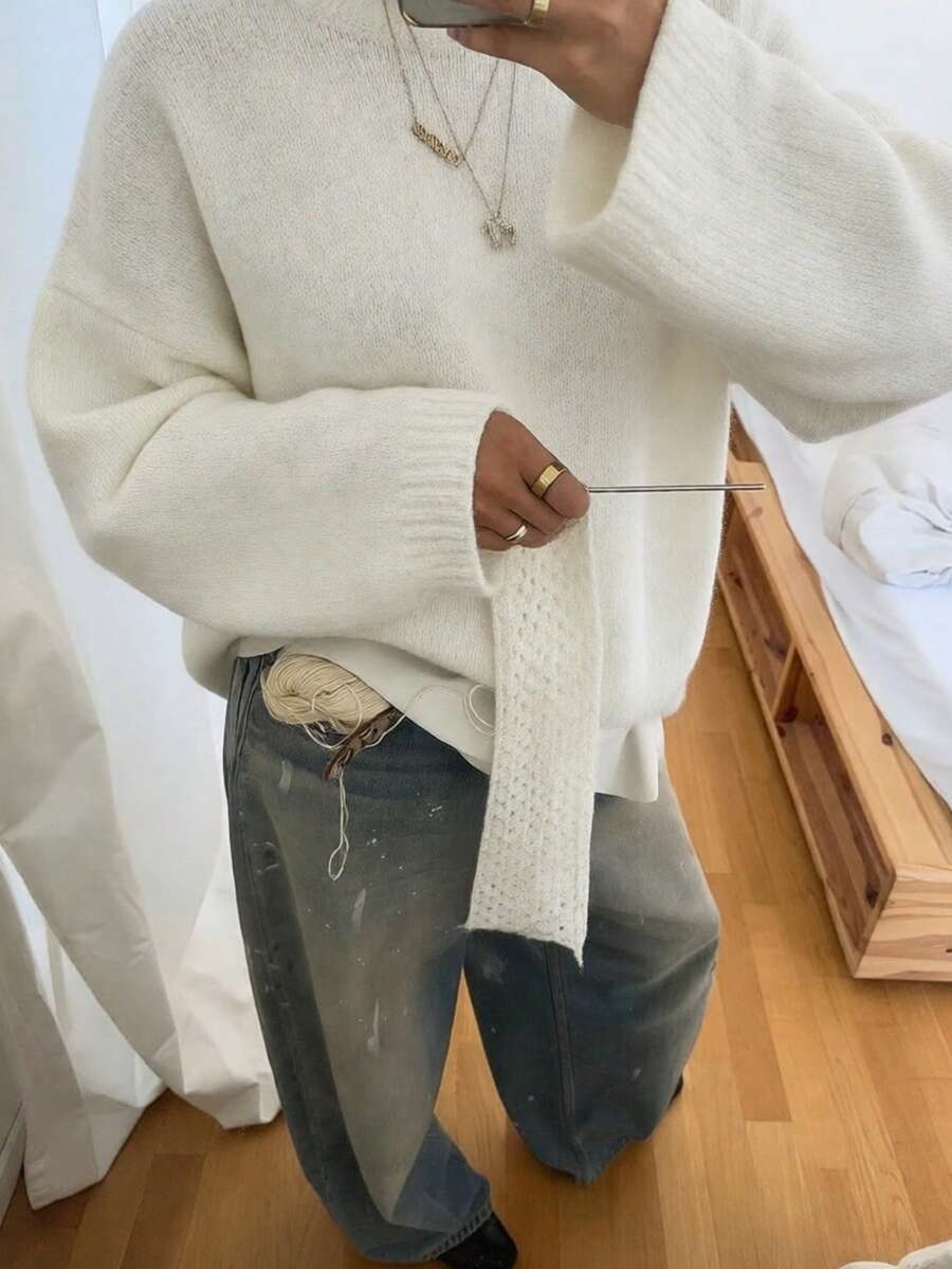 Suéter estilo americano vintage cinza mesclado VIBEWAVE com gola redonda, pulôver de malha aconchegante para outono/inverno - Branco - Ver 1