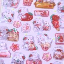 3D Embossed Pink Rabbit Cute Strawberry Bunny Crystal Stickers, Suitable For DIY Notebook, Laptop, Phone Case, Stationery Decoration, Diary Decor, Essential For Books, Cartoon Pattern, Fantasy Shape, Random Color Delivery - Multicolor - View 5