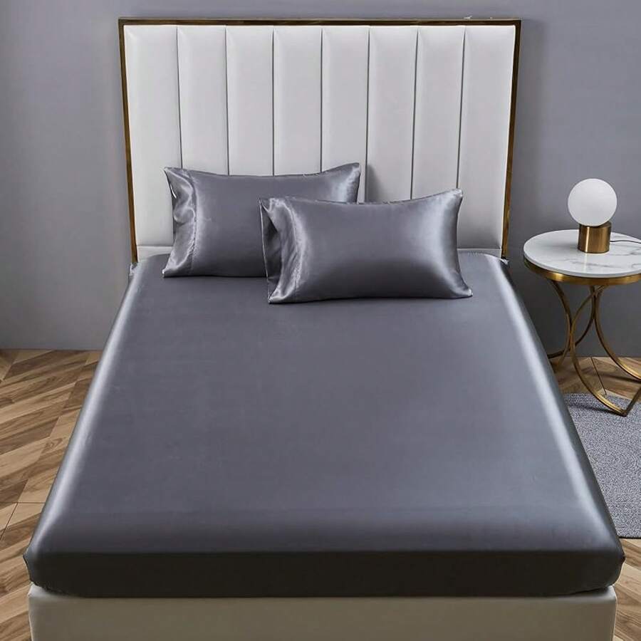 Satin Fitted Sheet 140 X 200 Cm Black Plain Silk Fitted Sheet Microfibre Bed Sheet For Up To 30 Cm Mattress - Satin Dark Grey - View 1