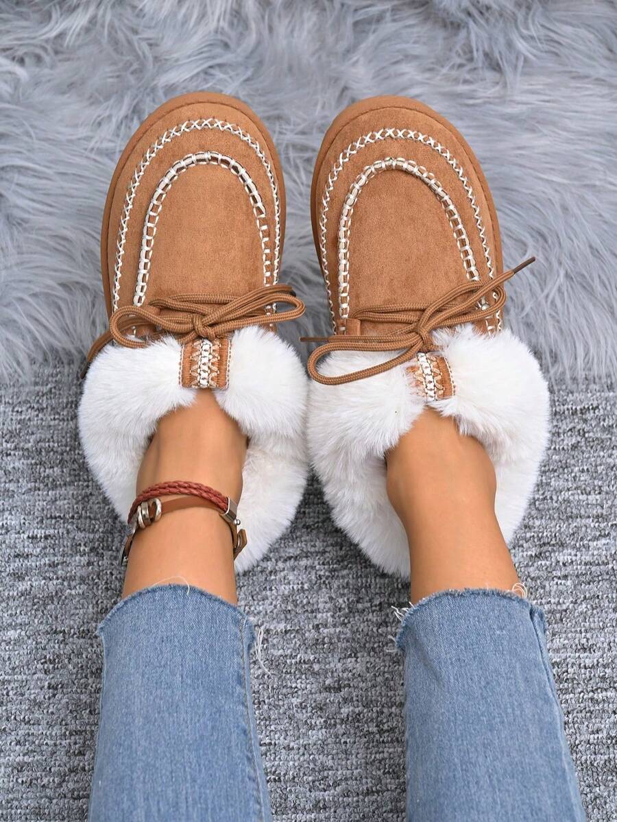 Women's Winter Indoor/Outdoor Lace-Up Thermal-Lined Warm "Style" Snow Boots, New Fashionable & Comfortable Closed-Toe/Stitched Mark Slippers, Classic Warm Fuzzy Thick-Soled Snow Boots,Fur Boots - Black - View 1