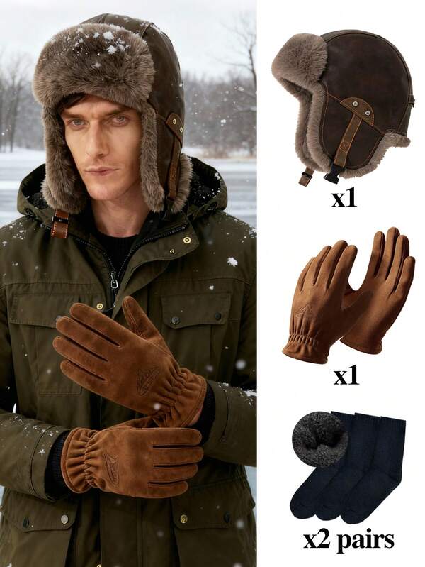 3 pièces Ensemble chapeau d'oreille épais pour homme en hiver, gants chauds doublés thermiques avec écran tactile, chaussettes épaisses en laine. Chaud et adapté pour le ski, les voyages d'hiver, le cyclisme extérieur, la conduite, les sorties, cadeau pour homme, ensemble de gants chauds d'hiver et port quotidien