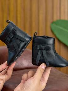 0-1 Year Old Baby Girls Soft Sole High Top Boots, Fashion Bow Decor Toddler Walking Shoes, Solid Color Side Hook And Loop Closure, For Indoor & Outdoor Wear, Autumn/Winter - Black - View 5