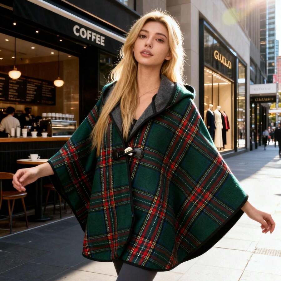 Women's Elegant Cape-Style Blanket Wrap - 2-In-1 Reversible Plush Shawl, Thermal Thickened Cloak For Office, Maternity, Christmas Party & Travel | Luxurious Fleece Evening Wear In Green And Red - 橄欖綠 - 查看 1