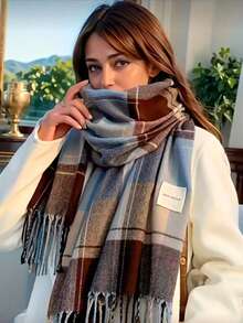 1pc Women's Faux Cashmere Plaid Tassel Scarf, Plush Autumn/Winter Shawl For Warmth, Fashion Neck Wrap For Daily Wear - 藍色 - 查看 9