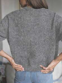 Vintage Button-Up Gray Knit Cardigan Sweater For Women, Round Neck Top - Grey - View 2