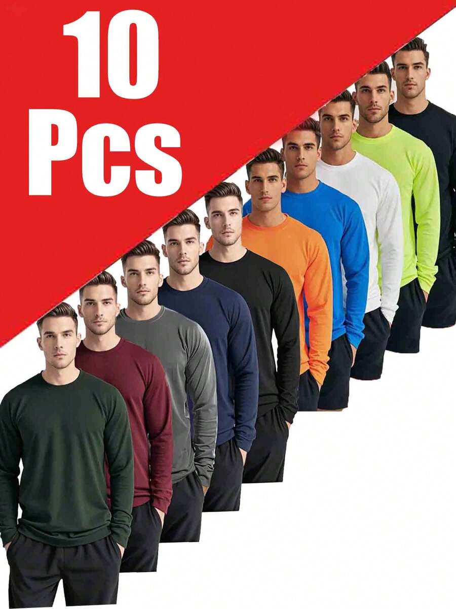 Long Quick-Dry 10pcs Men's Athletic T-Shirts - Breathable Polyester, Crew Neck, Short Sleeve - Moisture-Wicking Technology For Summer Workouts & Casual Wear, Gym Shirts