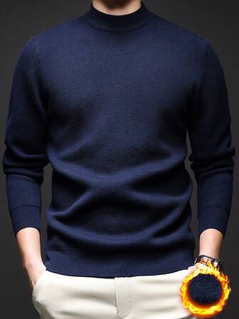 Men's Stand Collar Long Sleeve Solid Color Casual Pullover Sweater, Warm Knitted Fabric For Autumn/Winter