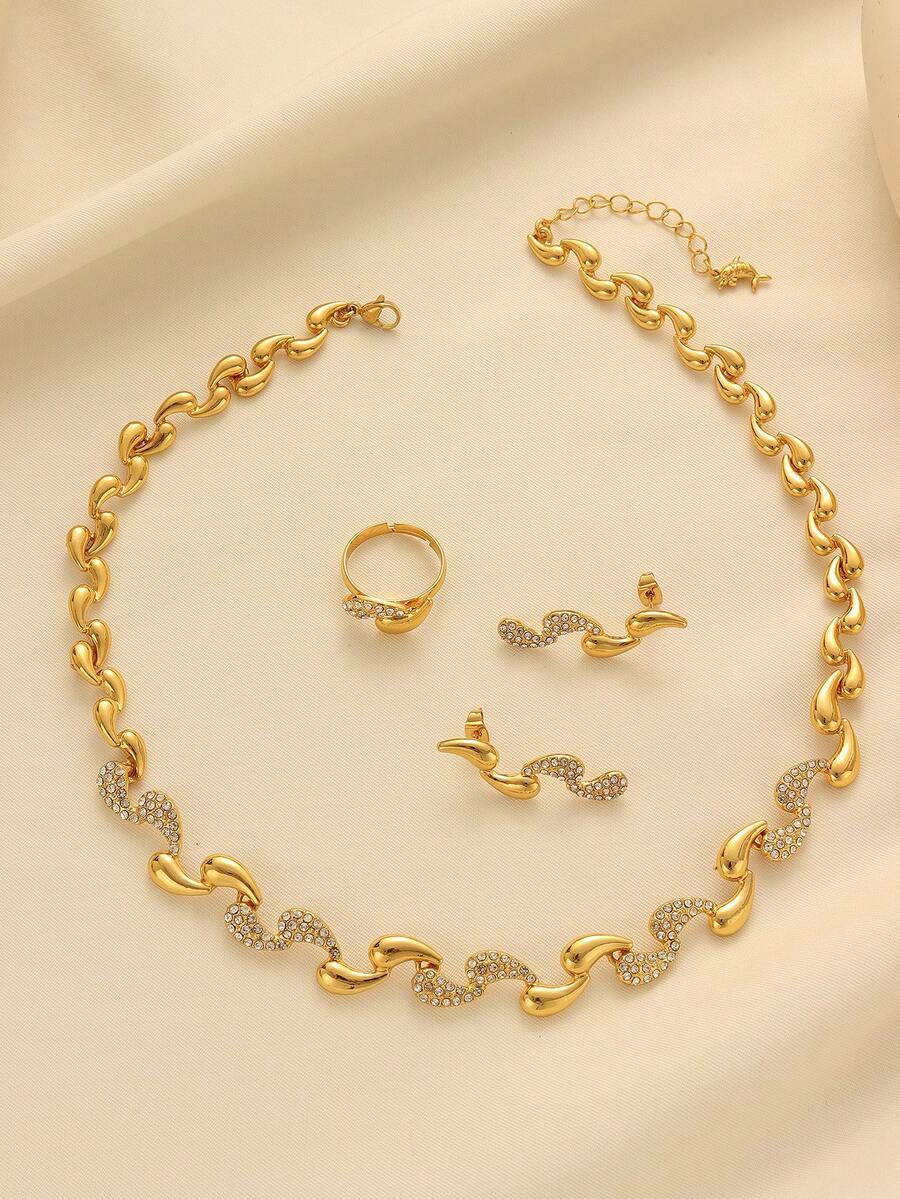 1 Bộ trang sức dây chuyền, nhẫn, vòng cổ bằng hợp kim đồng mạ vàng đính đá Rhinestone thanh lịch, thích hợp làm trang phục hàng ngày và quà tặng ngày lễ cho phụ nữ - Vàng - Xem 1