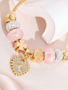 Women's DIY Beaded Bracelet, Girly Style Holiday Gift, Moon Beauty, Sun & Moon, Heart Pendant, Starry Hanging Decor, Rhinestone Heart Shape, Fits All Wrist Sizes, Adjustable