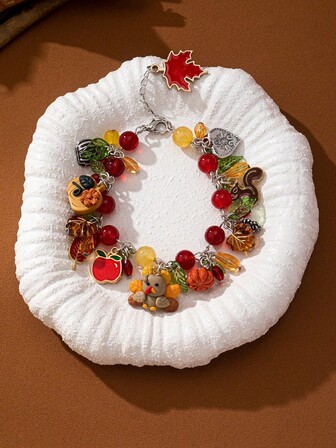 1 件秋冬季丰收季南瓜叶松鼠吊坠手链 - 感恩节火鸡手链珠宝礼物，送给母亲、妻子、女友